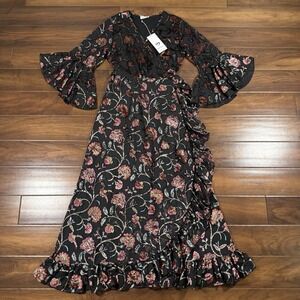 Talisman Women's Size XS Black Floral Velvet Chiffon‎ Carly Wrap Midi Dress